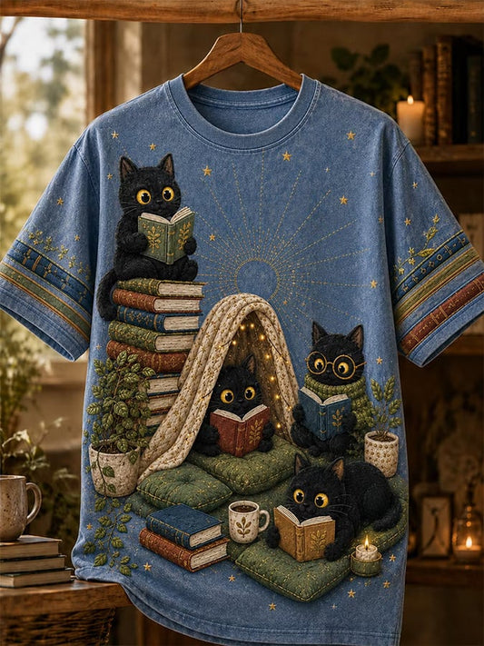 Whimsical Black Cat Book Club Graphic Print T-Shirt