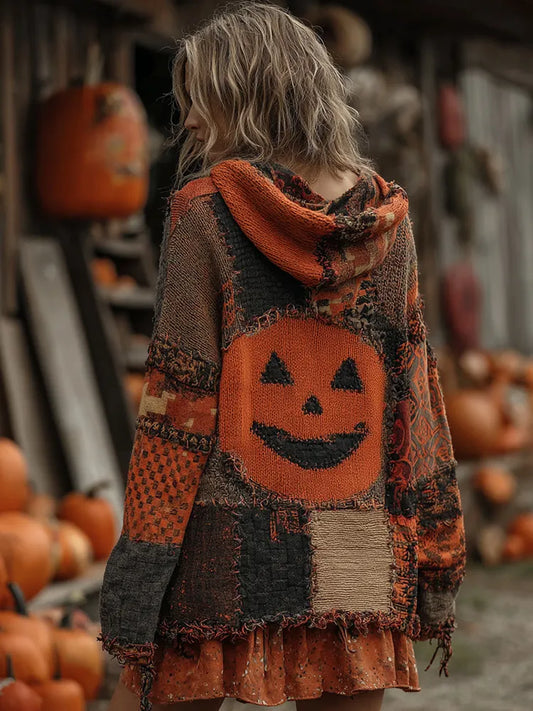 Patchwork Halloween Pumpkin Face Art  Cozy Knit Hooded Cardigan