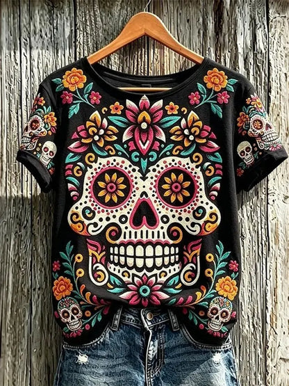 Women's Retro Floral Skull Design Cotton Linen Crew Neck Short Sleeve T-shirt