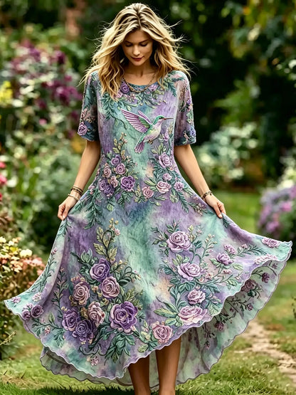 Women's Retro Gradient Floral Hummingbird Pattern Linen Blend Casual Long Dress