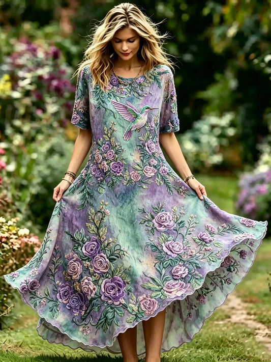 Women's Retro Gradient Floral Hummingbird Pattern Linen Blend Casual Long Dress