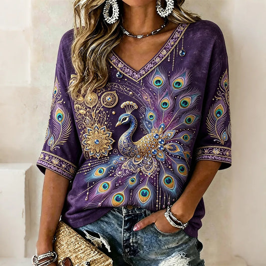 Women's Bohemian Phoenix Floral Vacation Short-sleeve Cotton Linen T-shirt