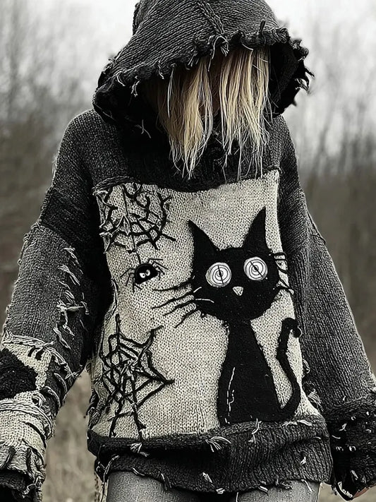Halloween Scared Black Cat Patchwork Stitched Cozy Knit Hooded