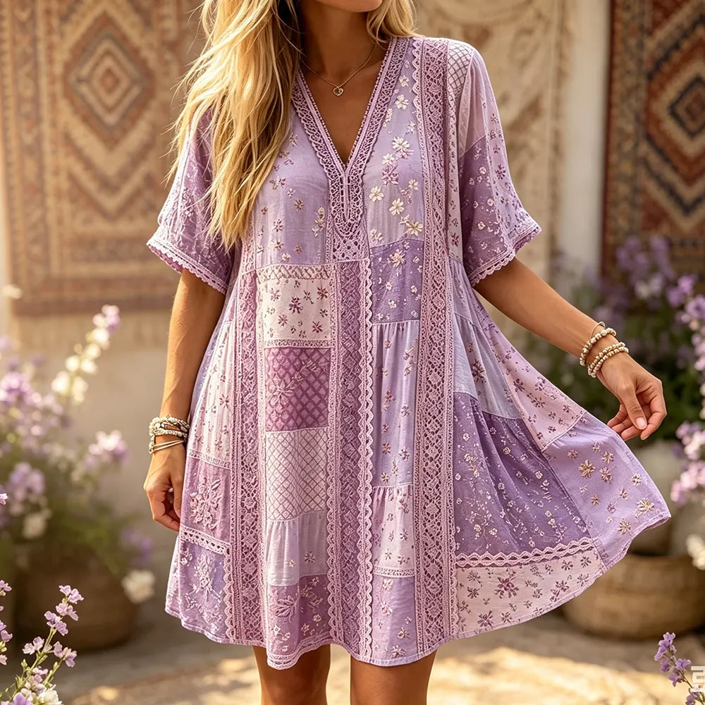 Women's Purple V-neck Short Sleeve Casual Mini Dress With Patchwork And Floral Print