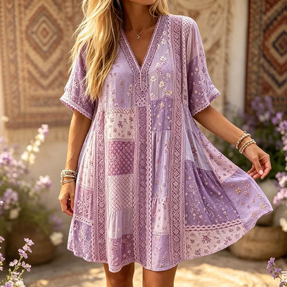 Women's Purple V-neck Short Sleeve Casual Mini Dress With Patchwork And Floral Print