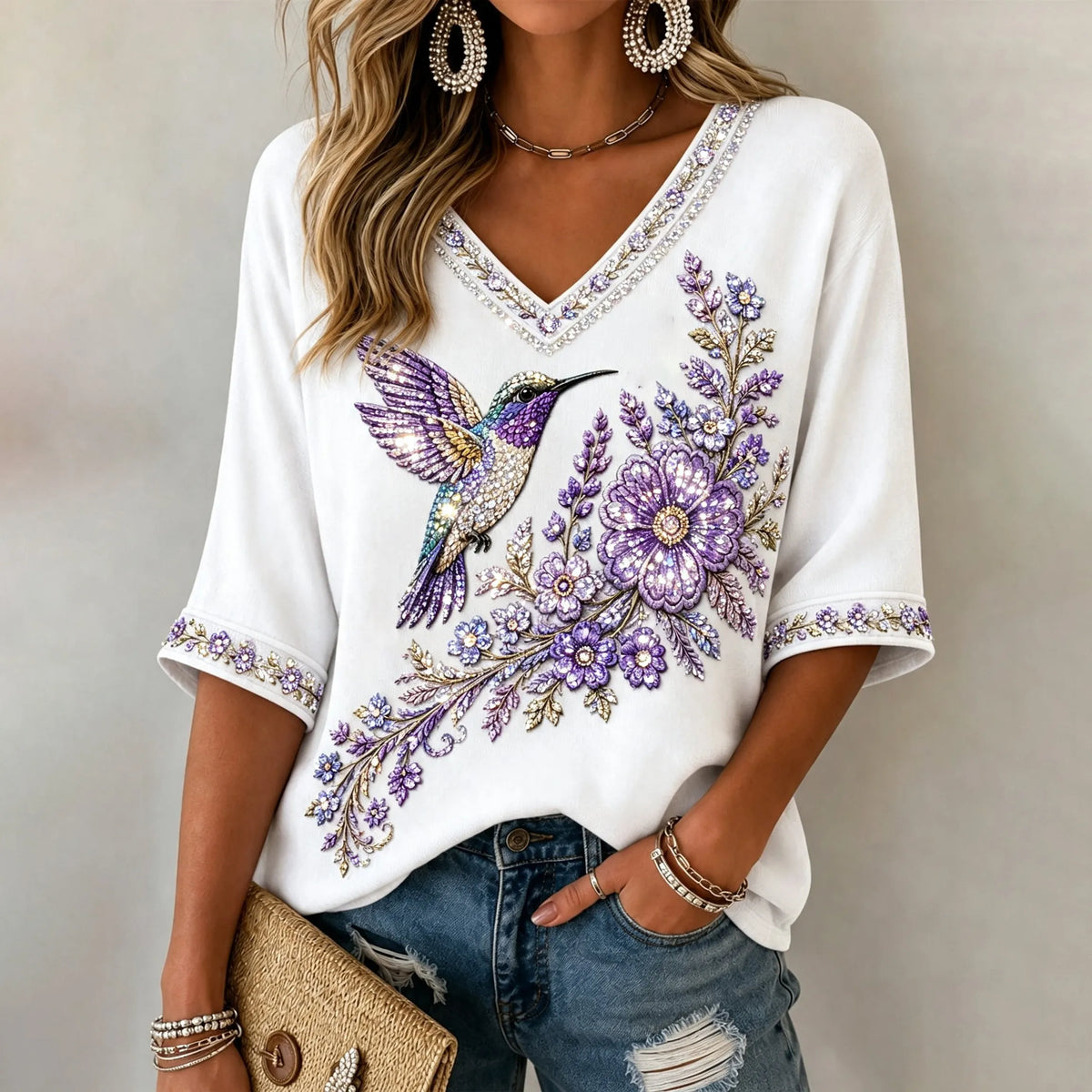 Women's Purple Floral & Hummingbird Print Alzheimer's Awareness V-neck T-shirt