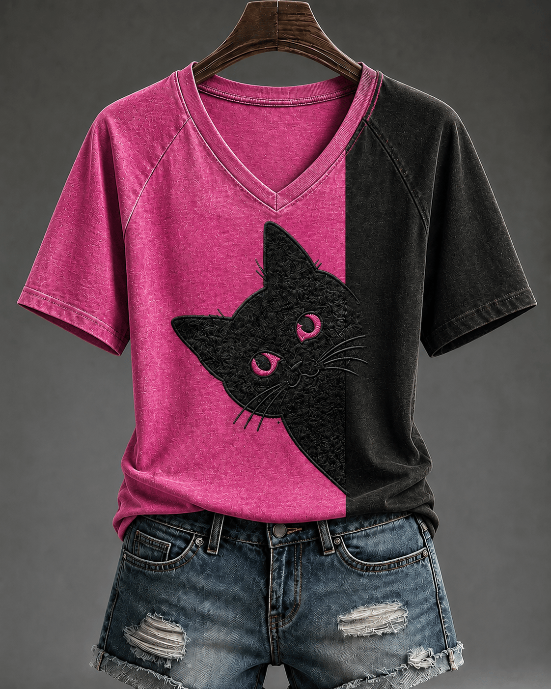 Women's Retro Black Cat Print V-Neck Top