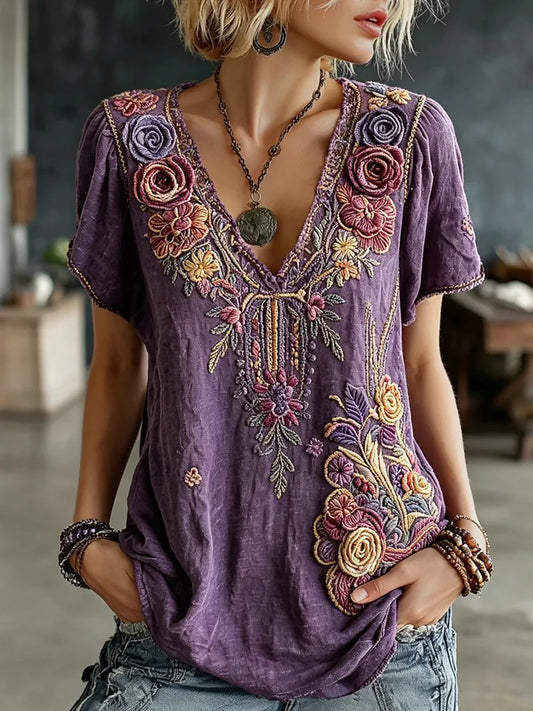 Women's Vintage Floral Art Embroidery Linen Blend V-neck Short-sleeve T-shirt