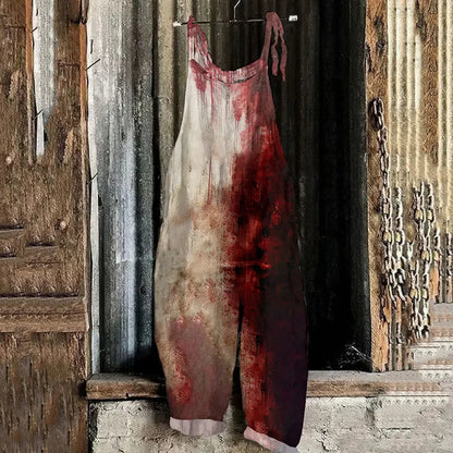 Vintage Bloody Halloween Print Casual Art Linen Loose Casual Jumpsuit
