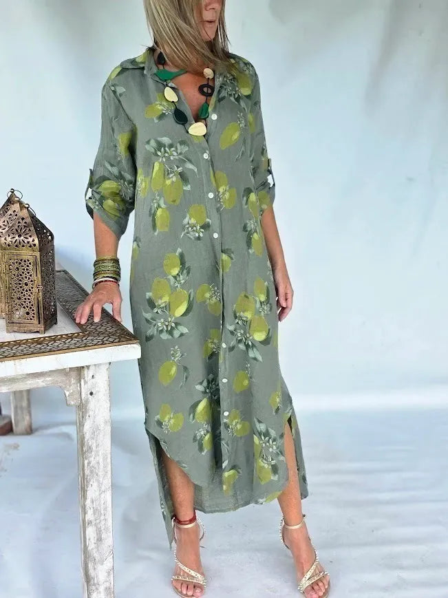 Lemon Print Boho Linen Kaftan Dress