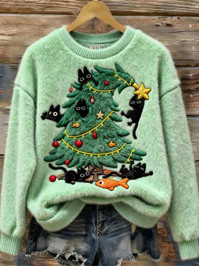 Women's Casual Christmas Cute Cat Print Long Sleeve Flannel Sweatshirt