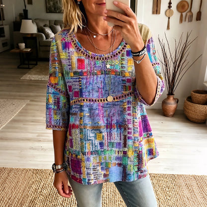 Women's Vintage Tribal Purple Art Flowy Linen Blend Three-quarter Sleeve Casual Tops
