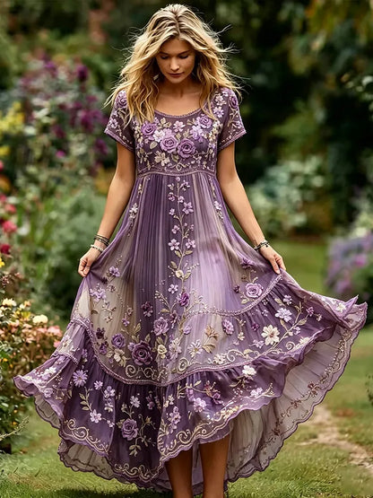 Women's Vintage Purple Floral And Rhinestone Art Round Neck Short Sleeve A-line Dress