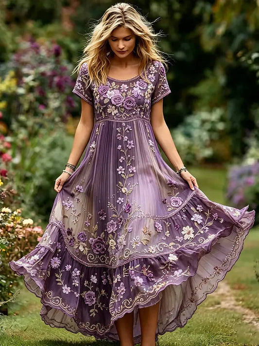 Women's Vintage Purple Floral And Rhinestone Art Round Neck Short Sleeve A-line Dress