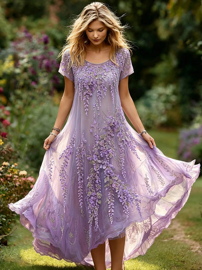 Women's Romantic Wisteria Orchid Pattern Linen Blend Flowy Maxi Dress