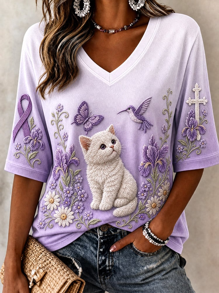 Women's Alzheimer's Awareness Floral Cat Print V-Neck T-Shirt