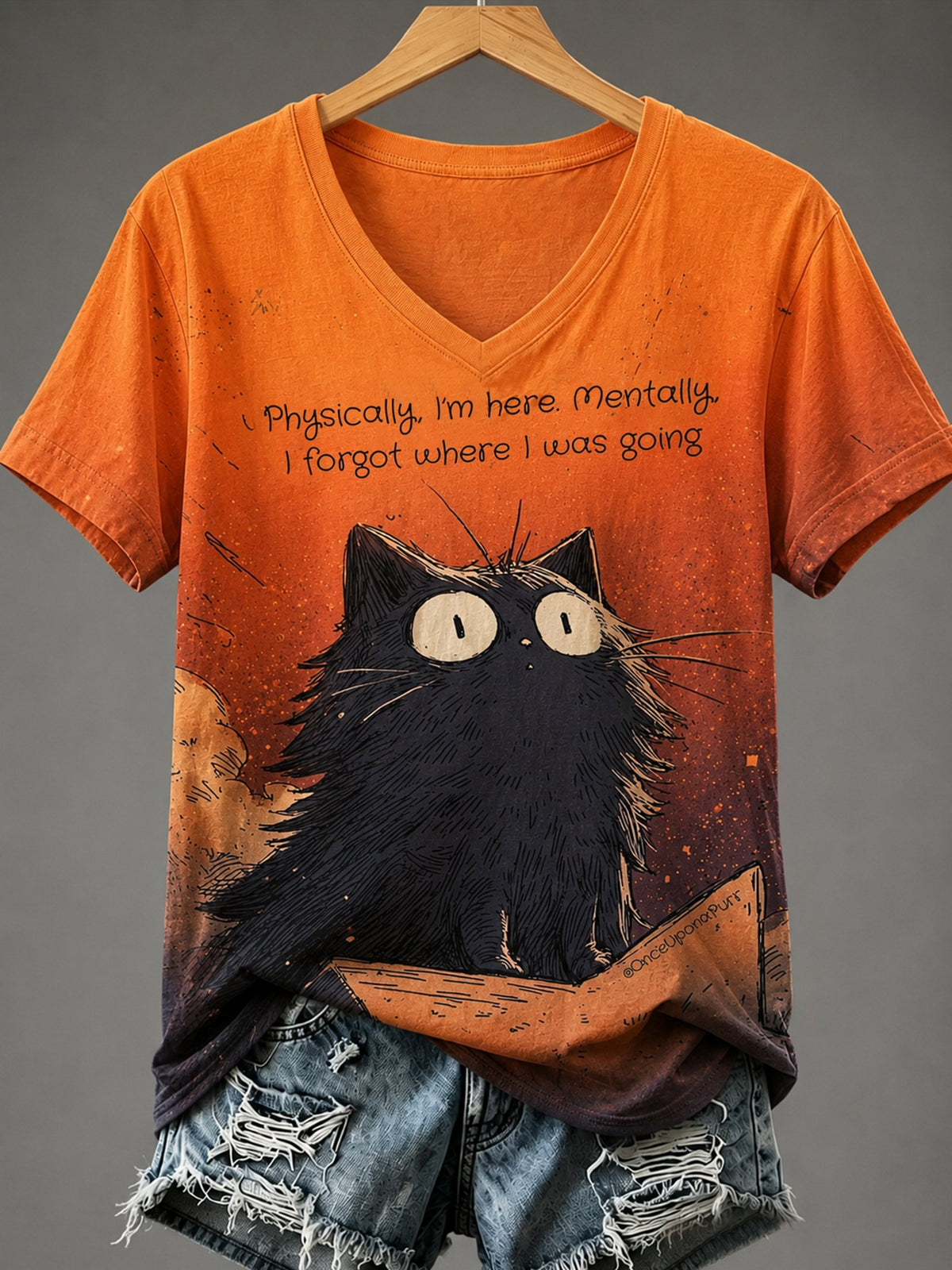 Women's Healing Cat Print V-Neck Top