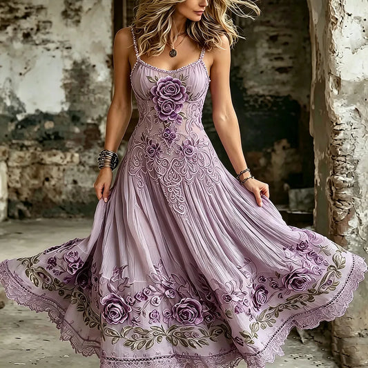 Women's Vintage Purple Rose And Celtic Knot Art Embroidery Casual Dress