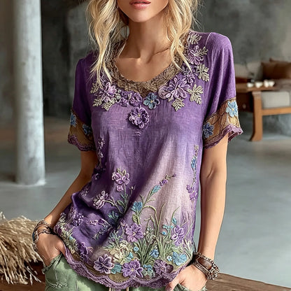 Women's Retro Floral Art Embroidery Cotton Linen Casual Round Neck T-shirt