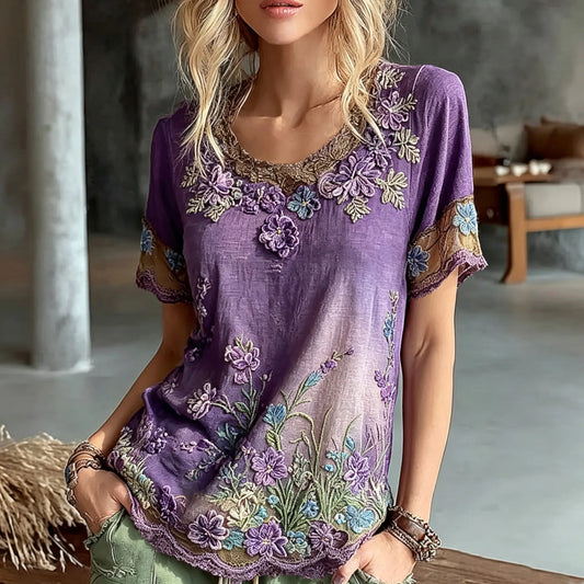 Women's Retro Floral Art Embroidery Cotton Linen Casual Round Neck T-shirt