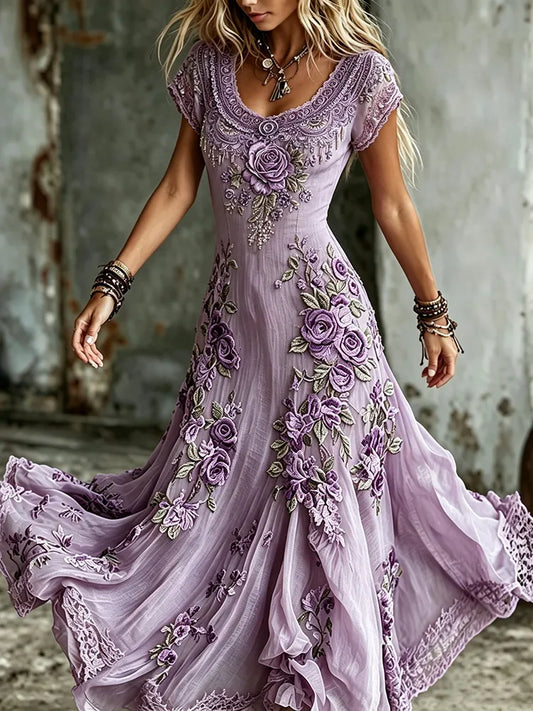 Women's Vintage Bohemia Rose Embroidered Art Flowy Maxi Dress
