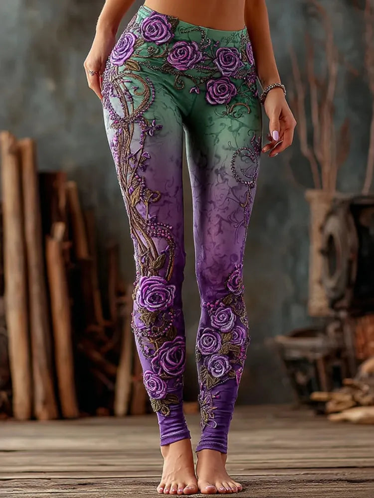 Women's Retro Floral Gradient Pattern Casual Leggings