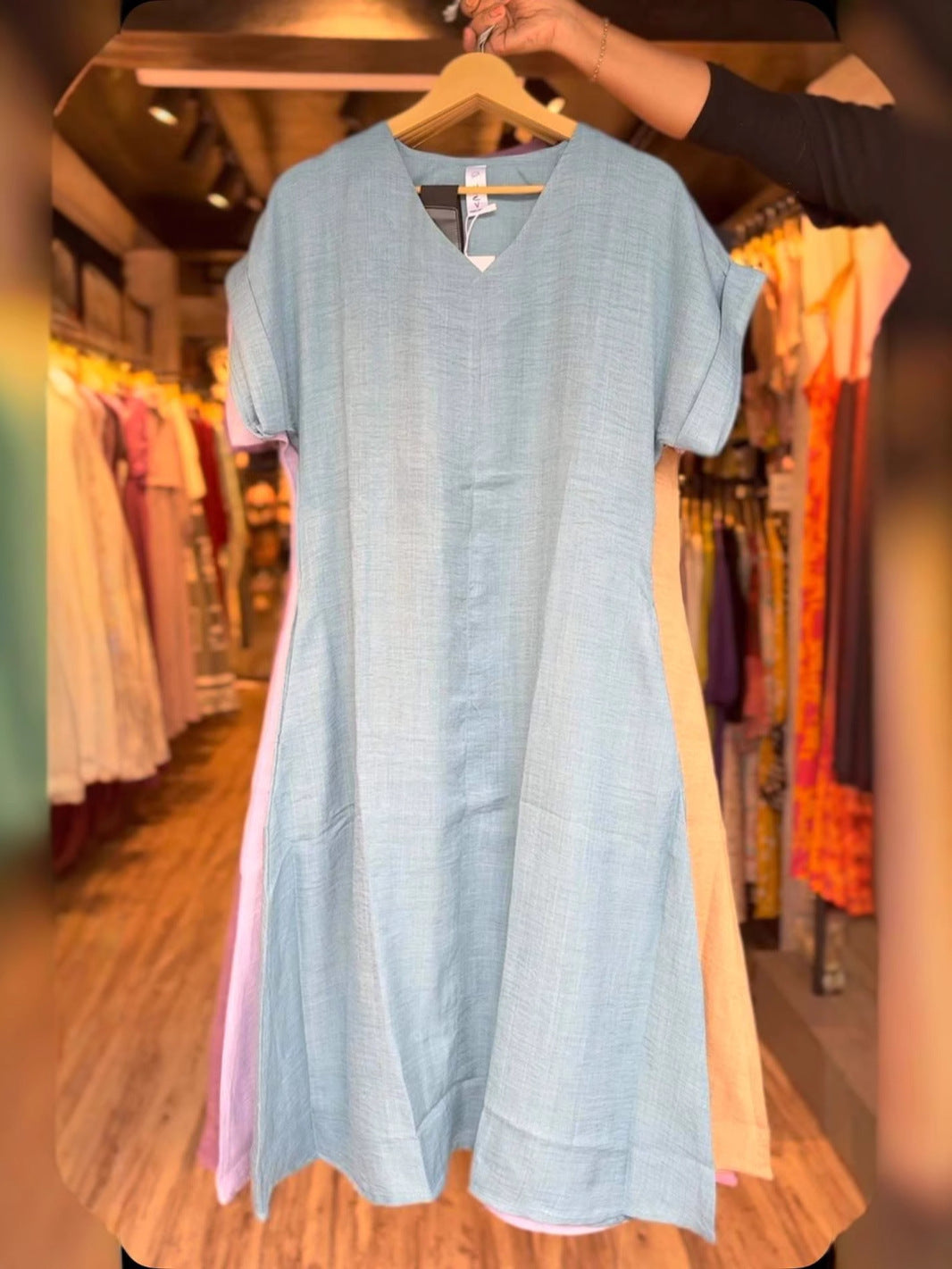 Solid Color Linen Dress With Two Pockets
