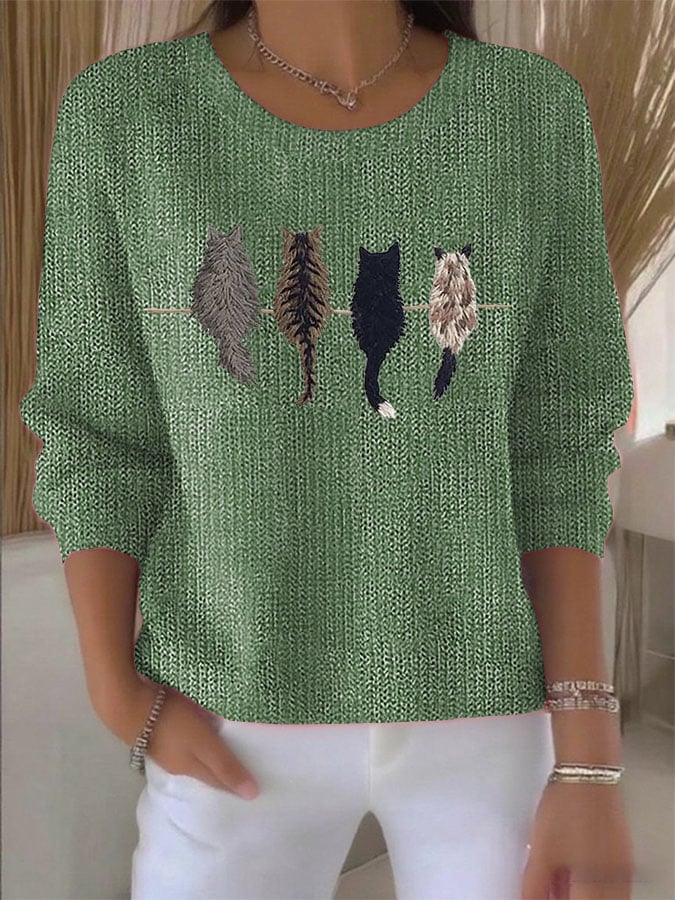 Women's Retro Animal Cat Print Knitted Sweater