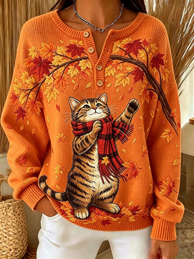 Women's Casual Print Button-Up Collar Knit Top