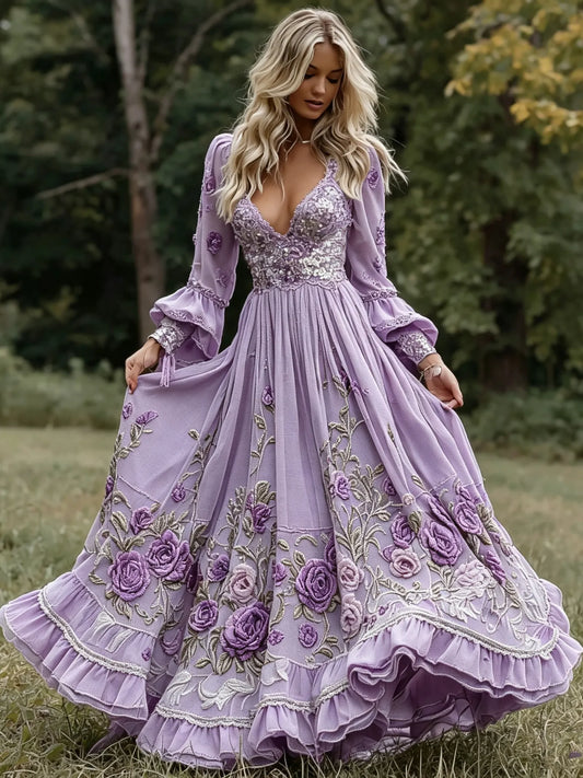 Women's Retro Rose Floral Art Casual V Neck Long Sleeve Casual Maxi Dress