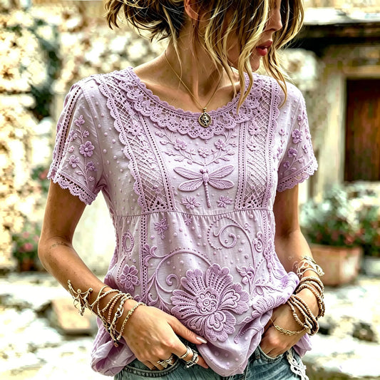 Women's Retro Bohemian Style Floral And Dragonfly Embroidered Lace Patchwork Print Top