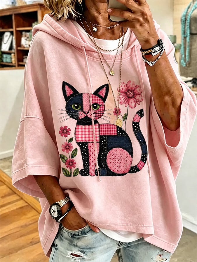 Women's Casual Cat Print Loose Hoodie