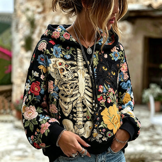 Women's Gothic Vintage Boho Black Cat Graphic Floral Skeleton Embroidery Hoodie