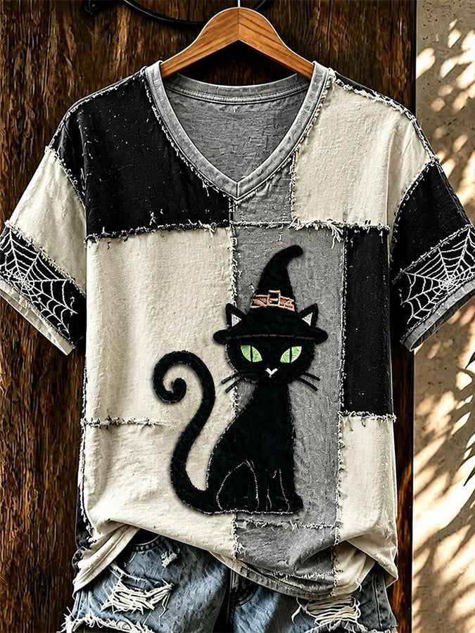 Women's Vintage Halloween Artistic Cat Print Sweatshirt
