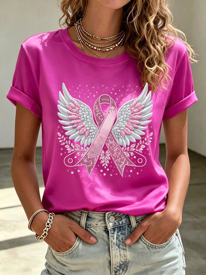 Women'S Breast Cancer Awareness Heart Ribbon Round Neck 100% Cotton T-Shirt