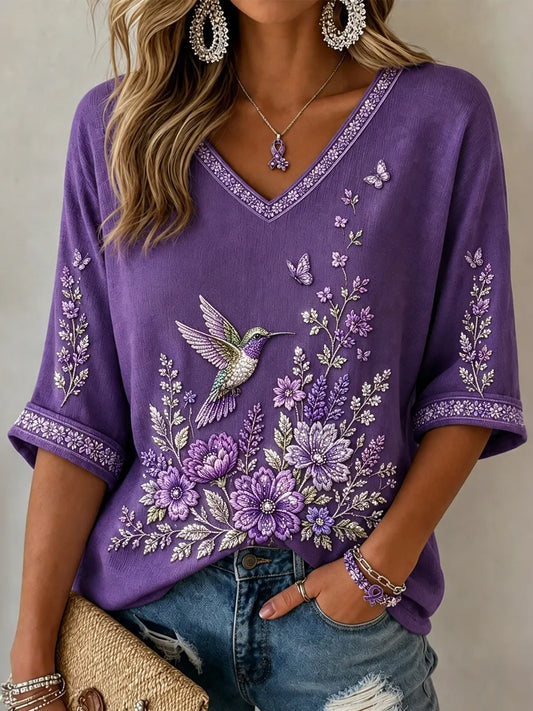 Women's Floral & Hummingbird Art Print V-neck T-shirt