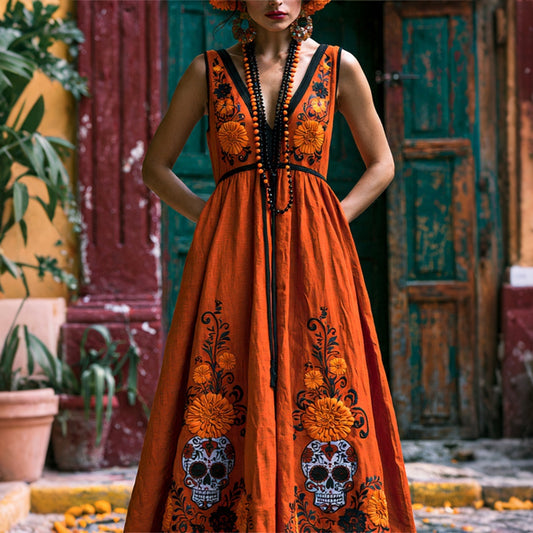 Women's Retro Floral Skull Design V-neck Cotton Linen Dress