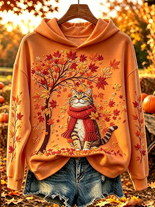Women's Casual Cat and Maple Leaf Print Hooded Sweatshirt