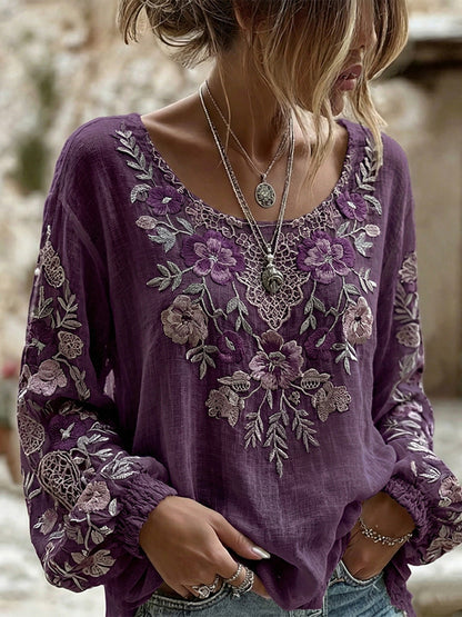 Women's Retro Bohemian Floral Pattern Long Sleeve Linen Blend T-shirt