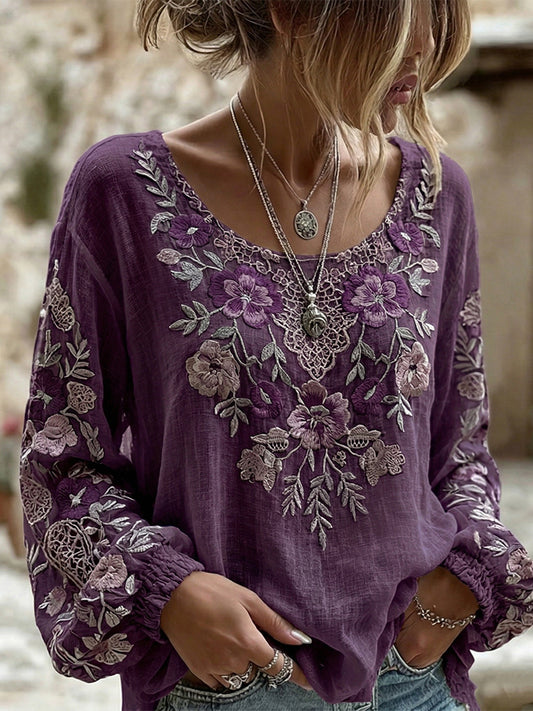 Women's Retro Bohemian Floral Pattern Long Sleeve Linen Blend T-shirt