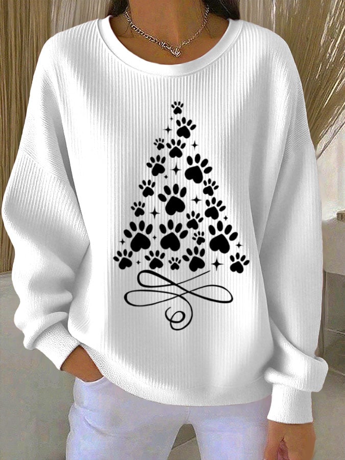 Women's Christmas Cat Print Knit Crew Neck Long Sleeve Top