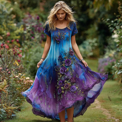 Women's Vintage Floral Embroidery Gradient Pattern Round Neck Dress