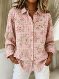 Women's Breast Cancer Awareness Pink Plaid & Floral Print Casual Collared Shirt