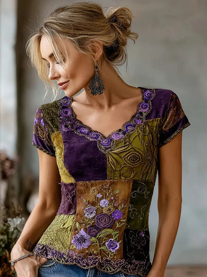 Women's Retro Purple Floral Patchwork Casual T-shirt