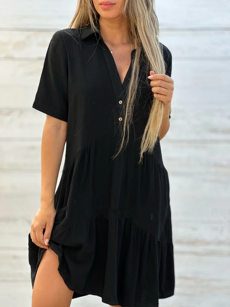 Cotton Linen V-Neck Button Shirt Dress