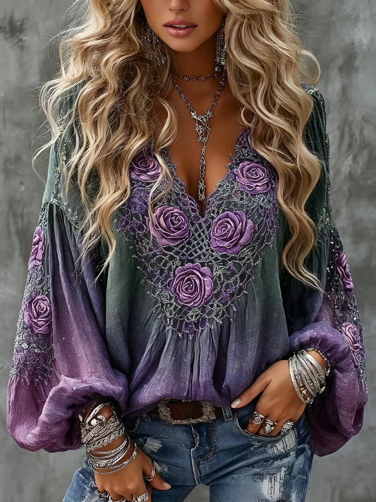 Women's Retro Boho Purple Floral Art Cotton Linen V Neck T-shirt