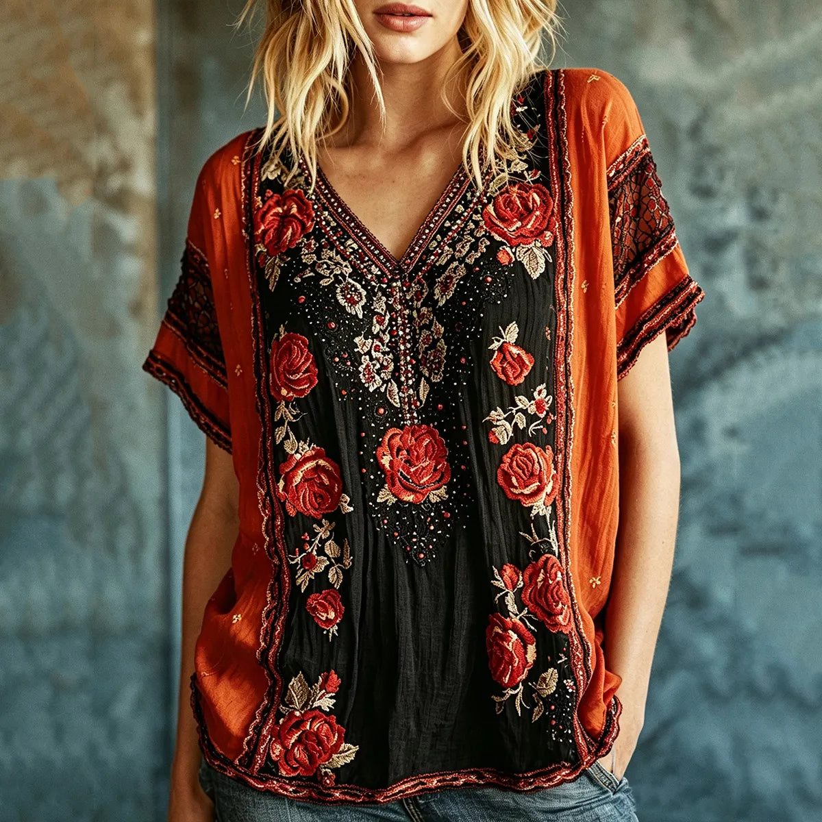 Women's Retro Rose Embroidery Gradient Pattern Casual Halloween T-shirt
