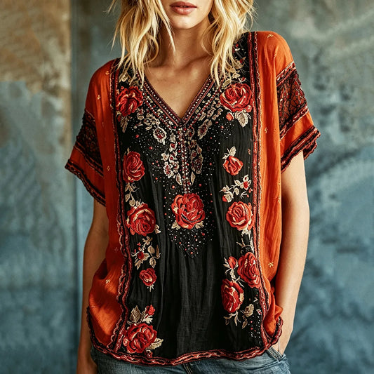 Women's Retro Rose Embroidery Gradient Pattern Casual Halloween T-shirt