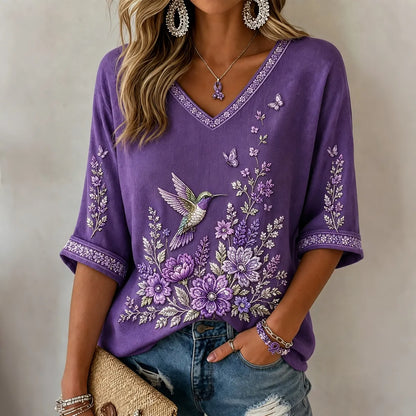 Women's Floral & Hummingbird Art Print V-neck T-shirt