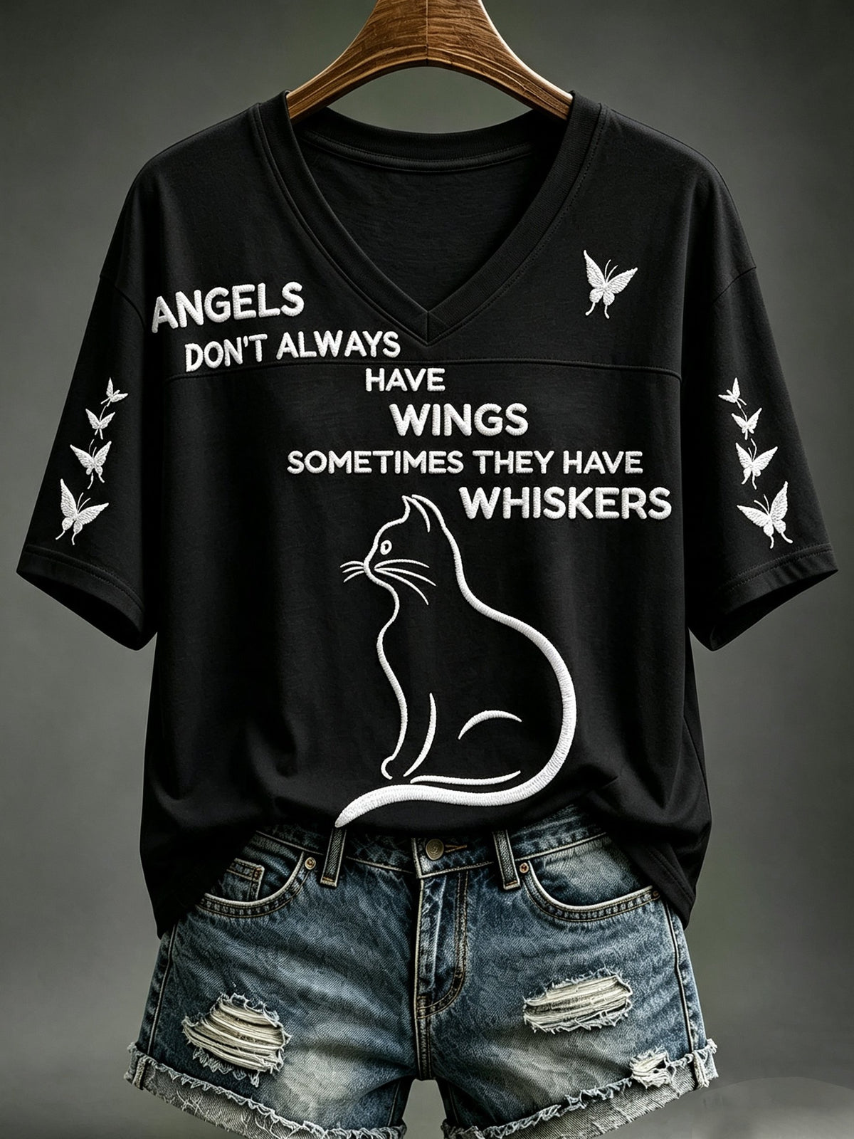 Women's Cat Whiskers Angel Print V-neck Top